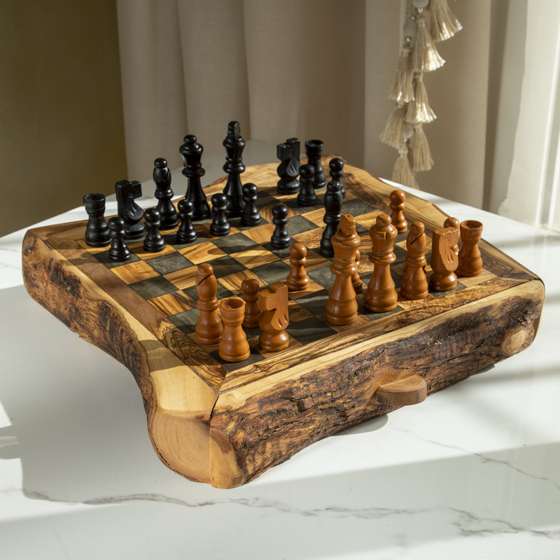 Handmade Olive Wood Chess Set – Live Edge Board