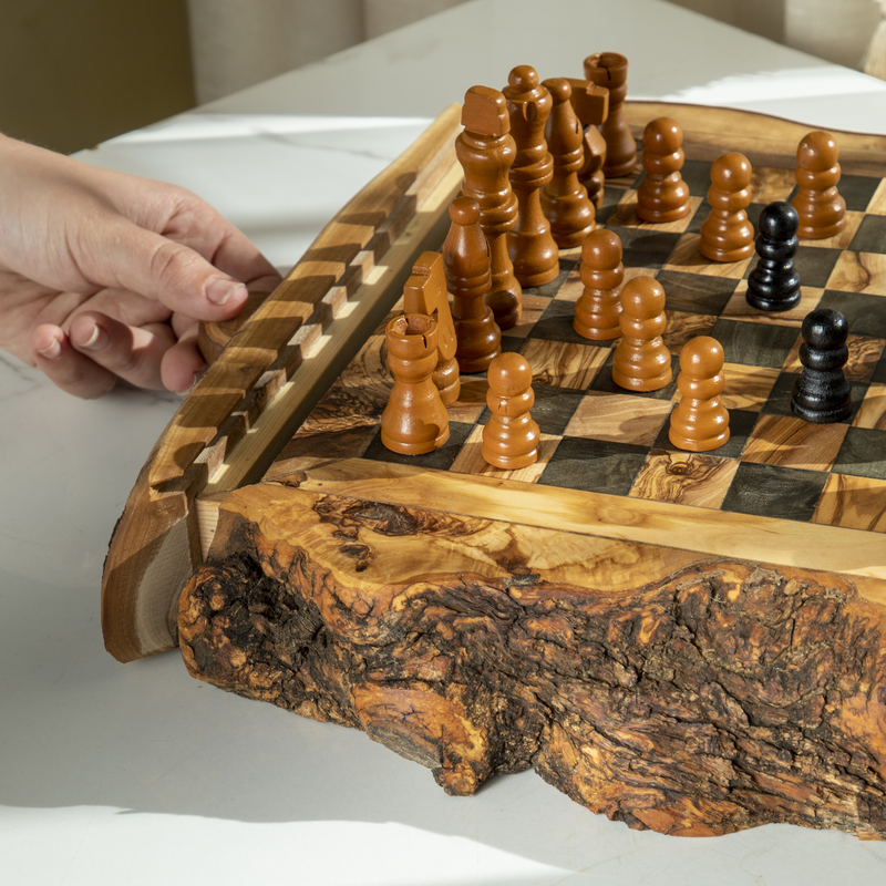 Handmade Olive Wood Chess Set – Live Edge Board