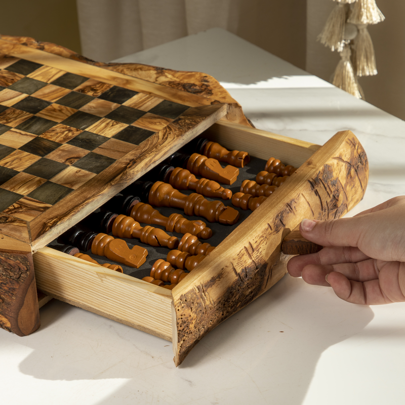 Handmade Olive Wood Chess Set – Live Edge Board