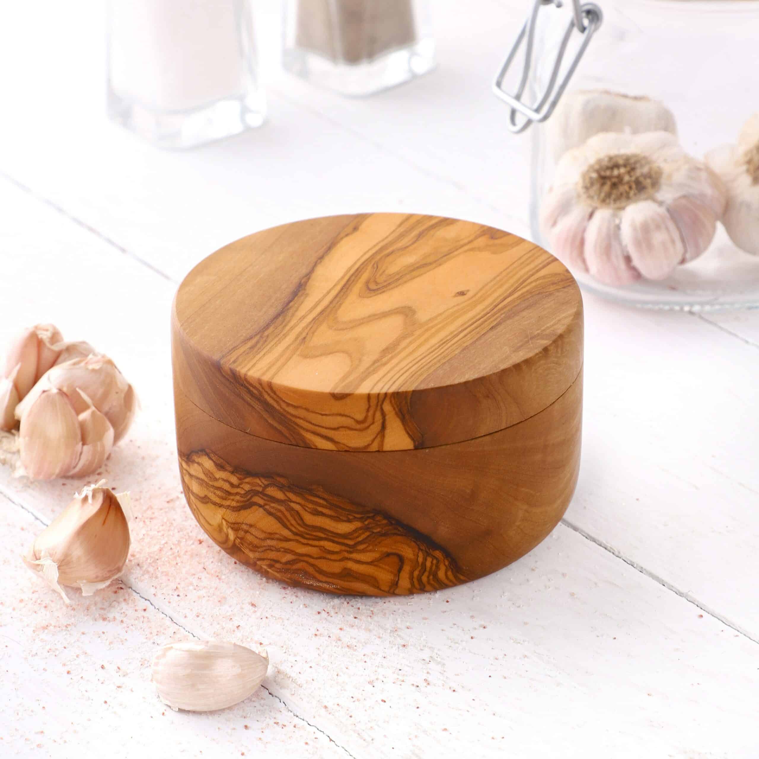 Divided Salt Cellar with Lid, Olive Wood Handmade Artisraw