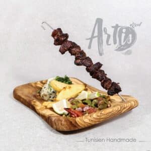 BBQ Serving Tray handmade from olive wood + hanging skewer made from stainless steel.