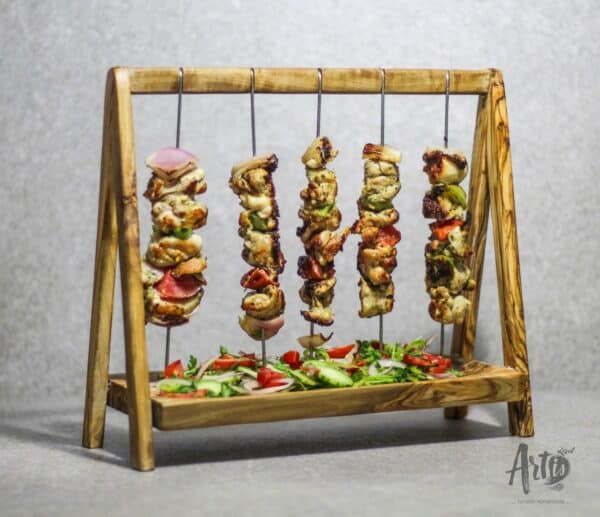 Rack Holder with BBQ Serving Tray handmade from olive wood and stainless steel.