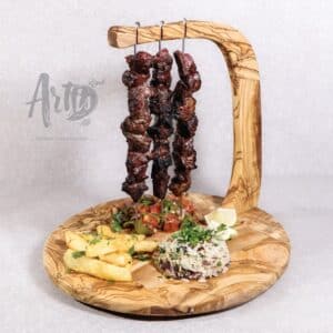 Espetada Vertical Hanging Kebab composed of: Wooden Platter Base, 3 food-grade Stainless Steel Hanging Skewers, Wooden Rack made of Olive Wood
