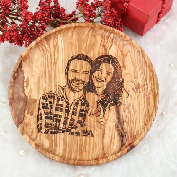 Engraved Couple Portrait on Round Wooden Board