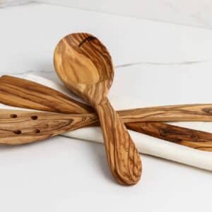 Olive Wood Utensils Set; wooden ladle spoon, pierced wooden spatula and one regular wooden spatula