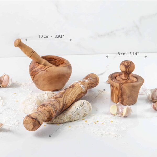 Wooden Kitchen Utnesils set Wooden Kitchen Utensils composed of wood mortar and pestle, vintage garlic press and olive wood rolling pin.