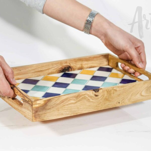 Wood Serving Tray with Handles and Ceramic Tiles