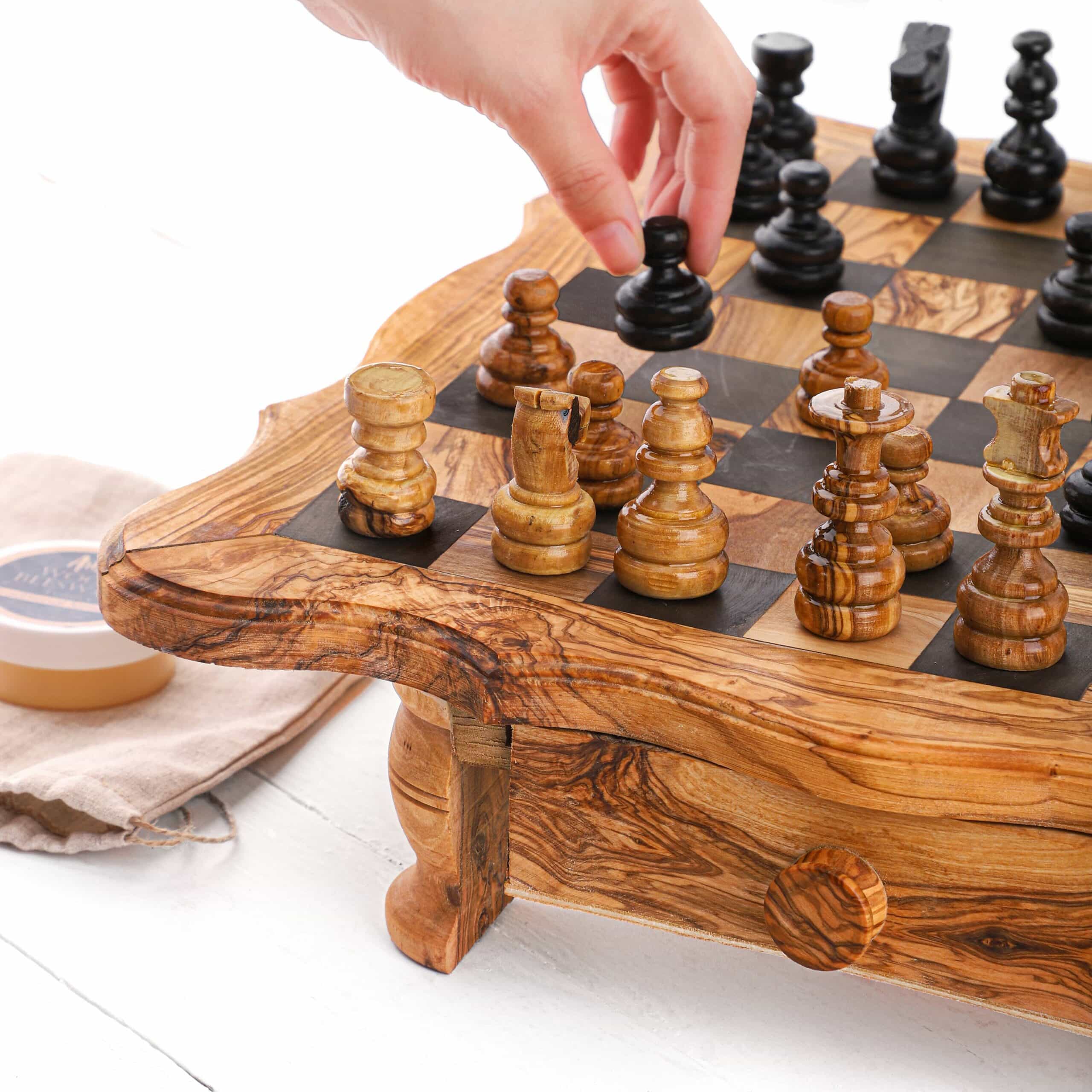 olive wood chess board with drawer