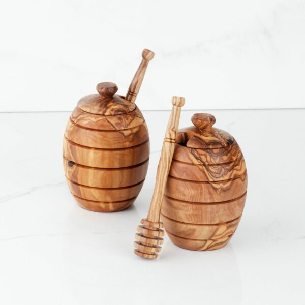 Set of 2 Wooden Honey Pots with Wooden Dippers