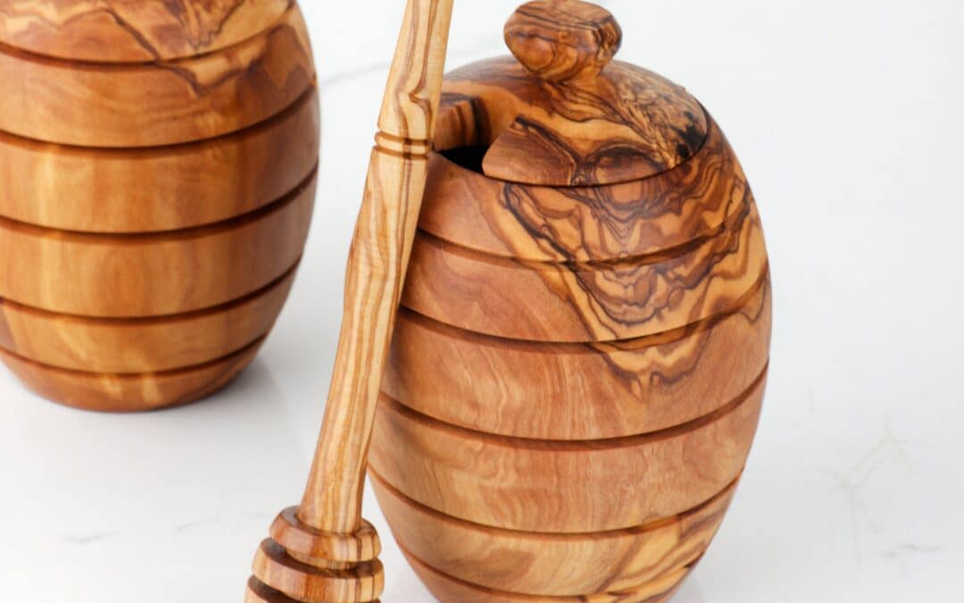 Set of 2 Honey Pots with Dipper | Honey Jar with dipper handmade from Olive wood | Honey Dispenser (US FAST Shipping +Free Wood Conditioner)