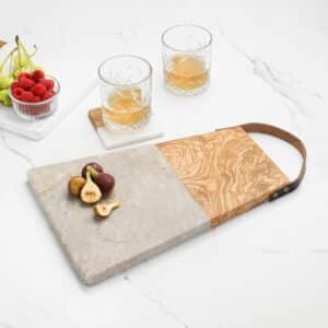 Grey Marble and Wood Cutting Board with Handle