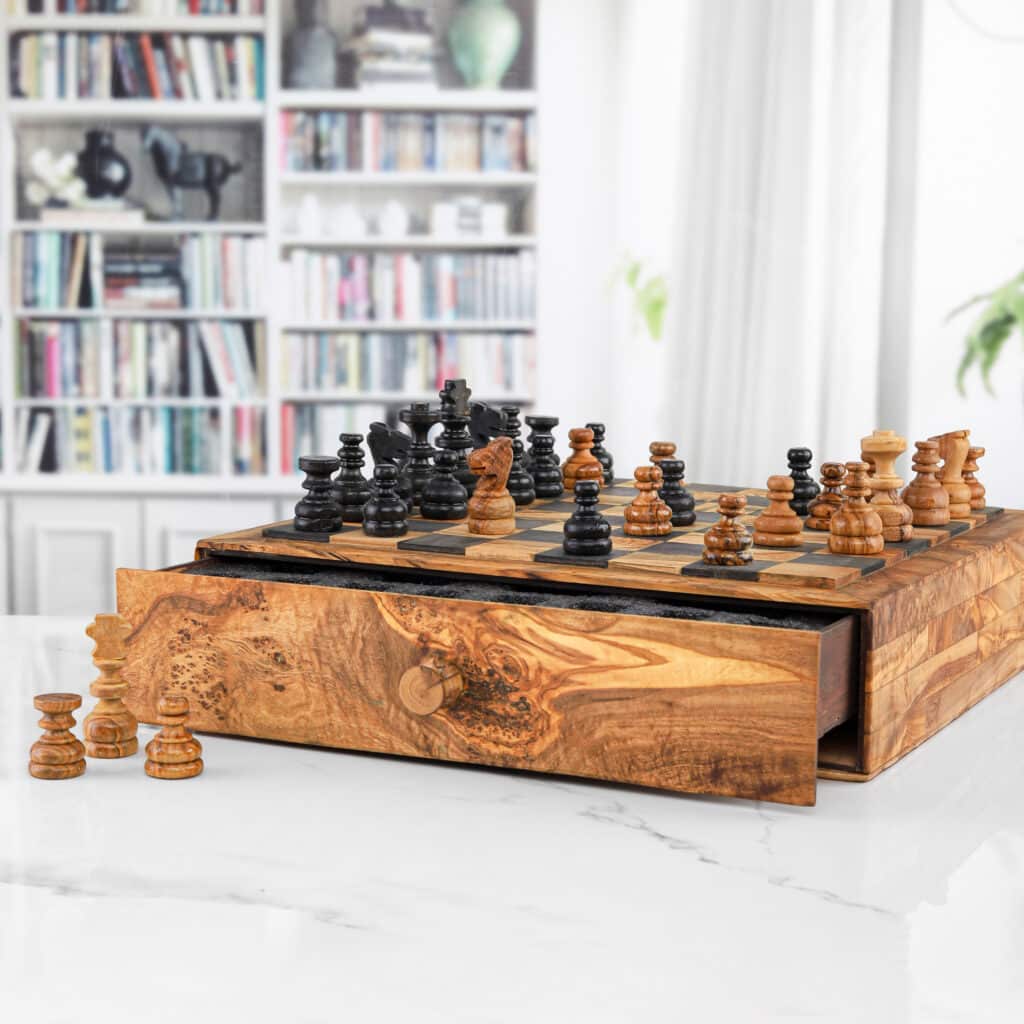 Olive wood chess game, handmade rustic style including figures