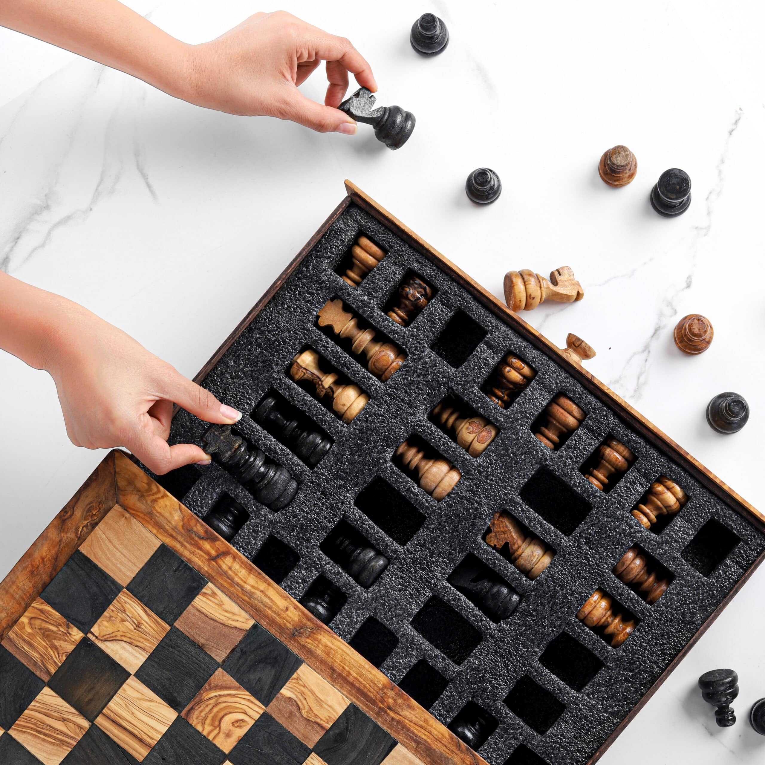 olive wood chess board with drawer