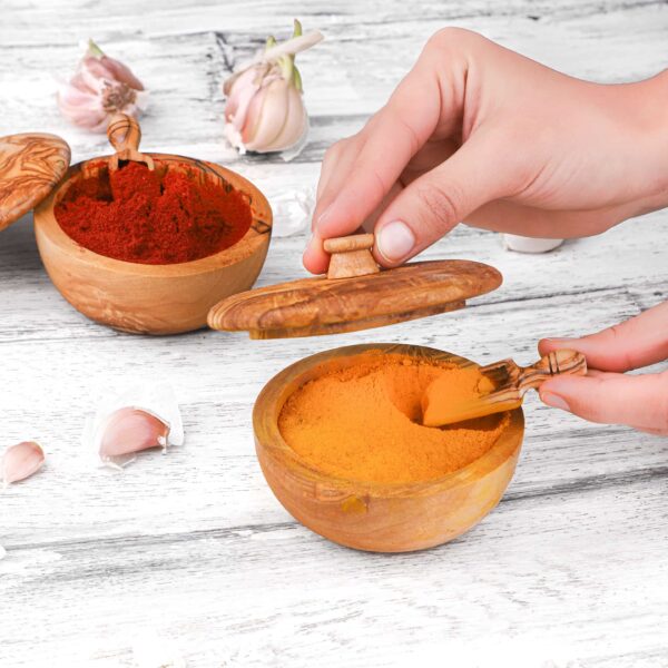 Set of 2 Salt Cellars with Spoon/Spice Jars with Lid and Spoon made of Tunisian Olive Wood (+2 Small Spice Spoon & Free Wood Beeswax)