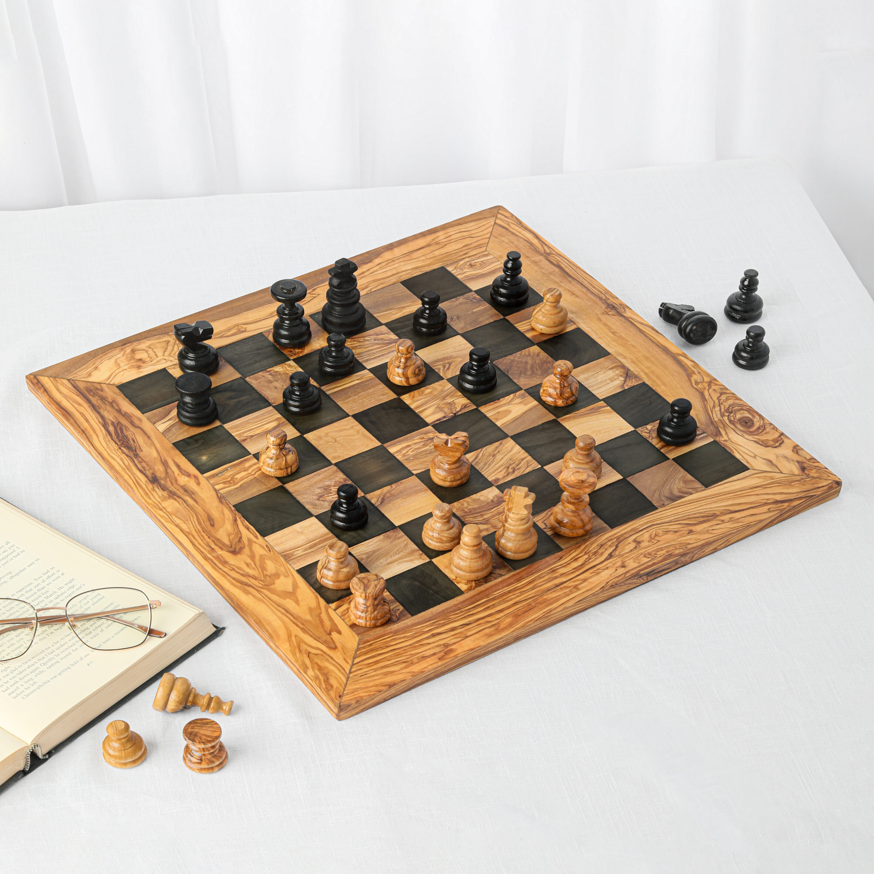 Handcrafted olive wood chess board with drawer including figures