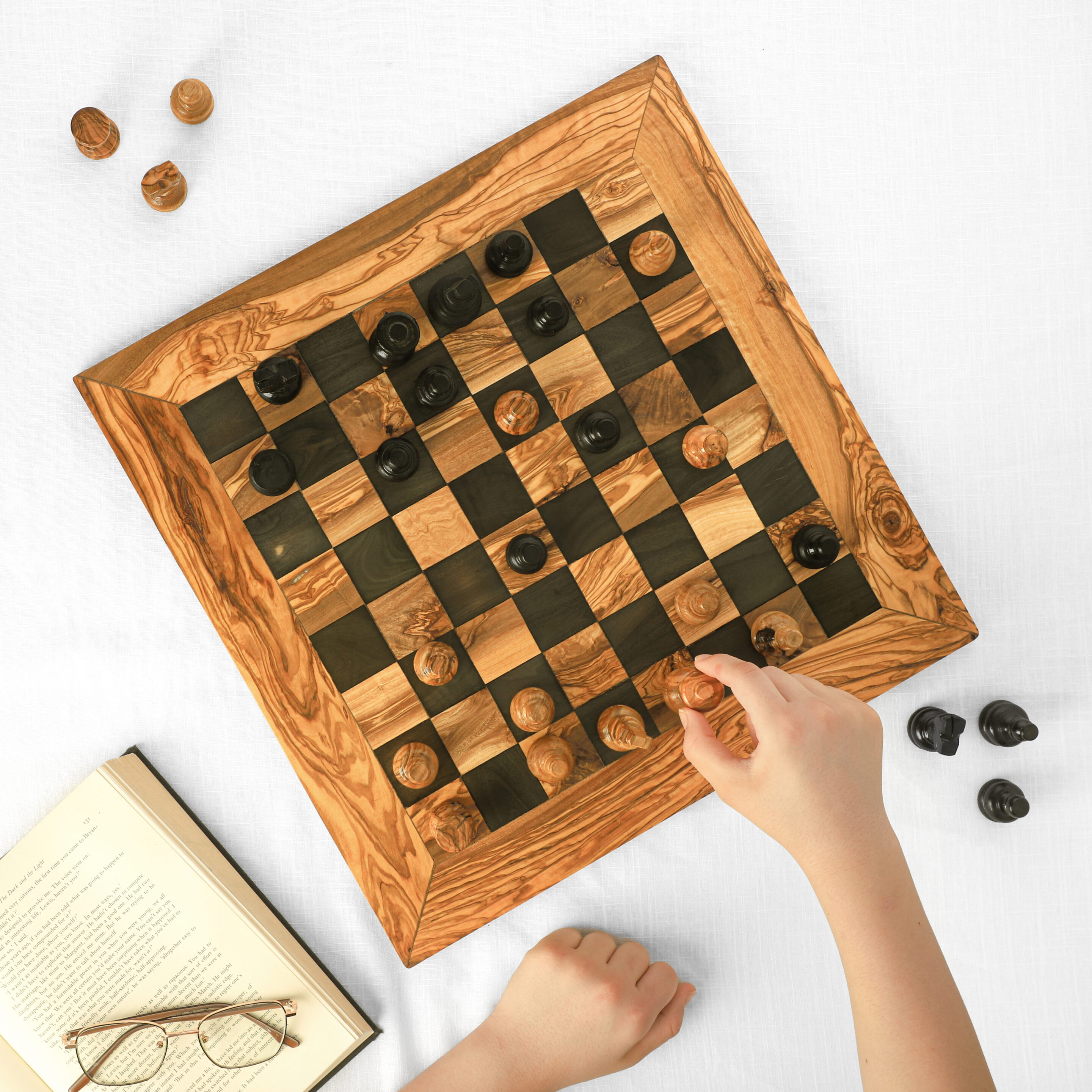 olive wood chess board with drawer