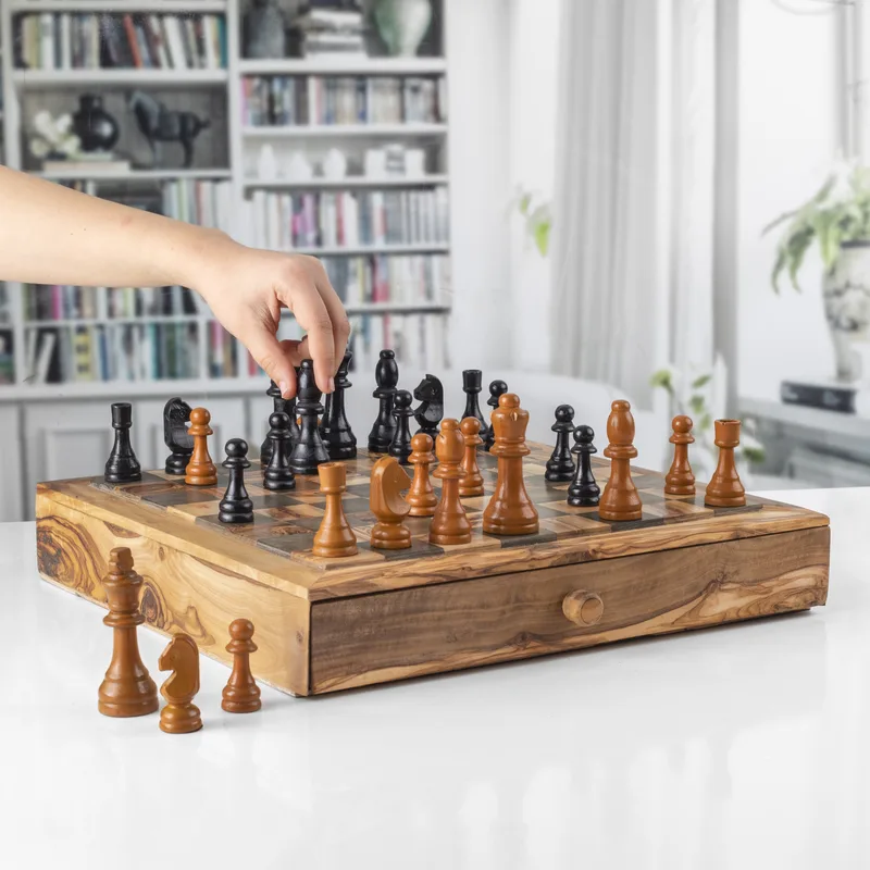 Olive wood chess set with drawer and inlaid board