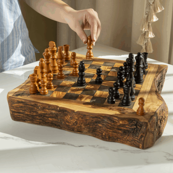 Handmade olive wood chess set with live edge board